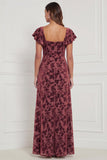 Terracotta Burnout Velvet Square Neck Long Bridesmaid Dress with Slit
