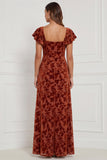 Terracotta Burnout Velvet Square Neck Long Bridesmaid Dress with Slit