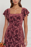 Terracotta Burnout Velvet Square Neck Long Bridesmaid Dress with Slit
