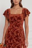 Terracotta Burnout Velvet Square Neck Long Bridesmaid Dress with Slit