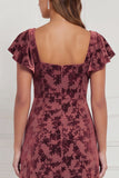 Terracotta Burnout Velvet Square Neck Long Bridesmaid Dress with Slit