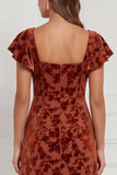 Terracotta Burnout Velvet Square Neck Long Bridesmaid Dress with Slit
