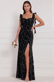 Brown Mermaid Ruffle Straps Burnout Velvet Bridesmaid Dress with Slit