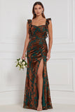 Brown Mermaid Ruffle Straps Burnout Velvet Bridesmaid Dress with Slit