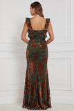 Brown Mermaid Ruffle Straps Burnout Velvet Bridesmaid Dress with Slit