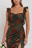 Brown Mermaid Ruffle Straps Burnout Velvet Bridesmaid Dress with Slit