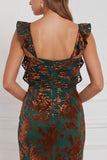 Brown Mermaid Ruffle Straps Burnout Velvet Bridesmaid Dress with Slit