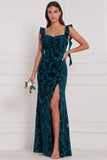 Brown Mermaid Ruffle Straps Burnout Velvet Bridesmaid Dress with Slit