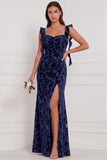 Brown Mermaid Ruffle Straps Burnout Velvet Bridesmaid Dress with Slit