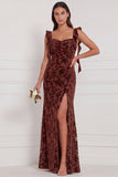 Brown Mermaid Ruffle Straps Burnout Velvet Bridesmaid Dress with Slit