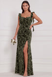 Brown Mermaid Ruffle Straps Burnout Velvet Bridesmaid Dress with Slit