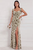 Brown Mermaid Ruffle Straps Burnout Velvet Bridesmaid Dress with Slit