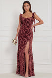 Brown Mermaid Ruffle Straps Burnout Velvet Bridesmaid Dress with Slit