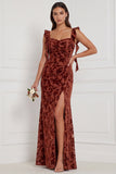 Brown Mermaid Ruffle Straps Burnout Velvet Bridesmaid Dress with Slit