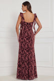 Brown Mermaid Ruffle Straps Burnout Velvet Bridesmaid Dress with Slit