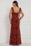 Brown Mermaid Ruffle Straps Burnout Velvet Bridesmaid Dress with Slit
