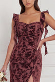 Brown Mermaid Ruffle Straps Burnout Velvet Bridesmaid Dress with Slit