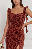 Brown Mermaid Ruffle Straps Burnout Velvet Bridesmaid Dress with Slit