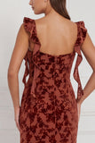 Brown Mermaid Ruffle Straps Burnout Velvet Bridesmaid Dress with Slit