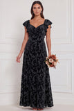 Terracotta Burnout Velvet A Line Bridesmaid Dress with Ruffle Sleeves
