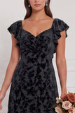 Terracotta Burnout Velvet A Line Bridesmaid Dress with Ruffle Sleeves