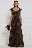 Terracotta Burnout Velvet A Line Bridesmaid Dress with Ruffle Sleeves