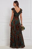 Terracotta Burnout Velvet A Line Bridesmaid Dress with Ruffle Sleeves