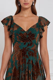 Terracotta Burnout Velvet A Line Bridesmaid Dress with Ruffle Sleeves