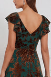 Terracotta Burnout Velvet A Line Bridesmaid Dress with Ruffle Sleeves