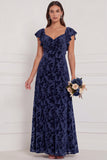 Terracotta Burnout Velvet A Line Bridesmaid Dress with Ruffle Sleeves