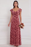 Terracotta Burnout Velvet A Line Bridesmaid Dress with Ruffle Sleeves