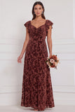 Terracotta Burnout Velvet A Line Bridesmaid Dress with Ruffle Sleeves