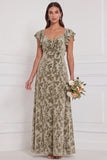 Terracotta Burnout Velvet A Line Bridesmaid Dress with Ruffle Sleeves