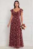 Terracotta Burnout Velvet A Line Bridesmaid Dress with Ruffle Sleeves