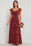 Terracotta Burnout Velvet A Line Bridesmaid Dress with Ruffle Sleeves