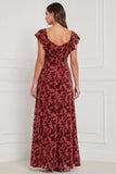 Terracotta Burnout Velvet A Line Bridesmaid Dress with Ruffle Sleeves