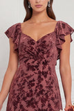 Terracotta Burnout Velvet A Line Bridesmaid Dress with Ruffle Sleeves