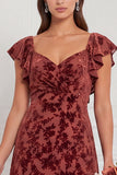 Terracotta Burnout Velvet A Line Bridesmaid Dress with Ruffle Sleeves
