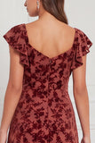 Terracotta Burnout Velvet A Line Bridesmaid Dress with Ruffle Sleeves