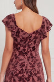 Terracotta Burnout Velvet A Line Bridesmaid Dress with Ruffle Sleeves