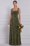 Velvet Burnout A Line Square Neck Brown Bridesmaid Dress