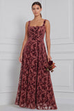 Velvet Burnout A Line Square Neck Brown Bridesmaid Dress