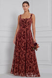 Velvet Burnout A Line Square Neck Brown Bridesmaid Dress