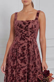 Velvet Burnout A Line Square Neck Brown Bridesmaid Dress