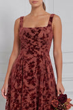 Velvet Burnout A Line Square Neck Brown Bridesmaid Dress