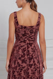 Velvet Burnout A Line Square Neck Brown Bridesmaid Dress