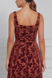 Velvet Burnout A Line Square Neck Brown Bridesmaid Dress