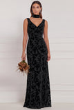 Dusty Rose Sheath V Neck Burnout Velvet Bridesmaid Dress with Scarf