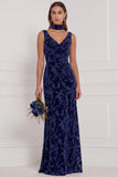 Dusty Rose Sheath V Neck Burnout Velvet Bridesmaid Dress with Scarf