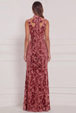 Dusty Rose Sheath V Neck Burnout Velvet Bridesmaid Dress with Scarf